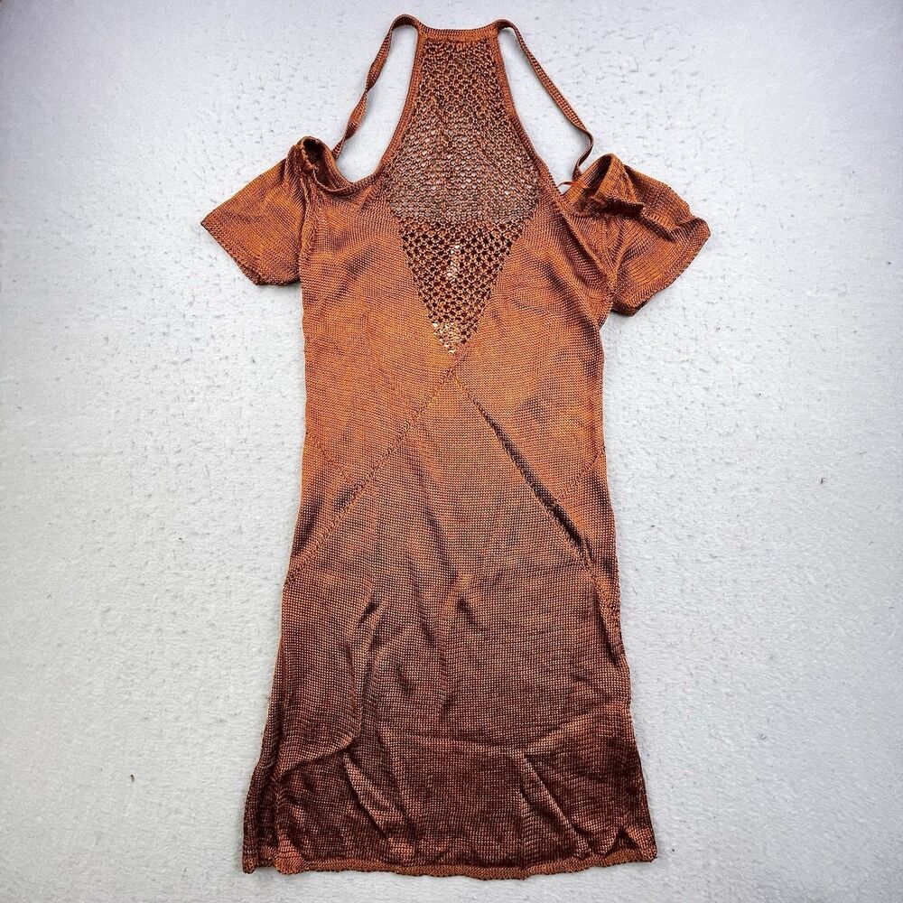 Urban Outfitters Crochet Dress Size Large Brown Shimmer Cold Shoulder NEW